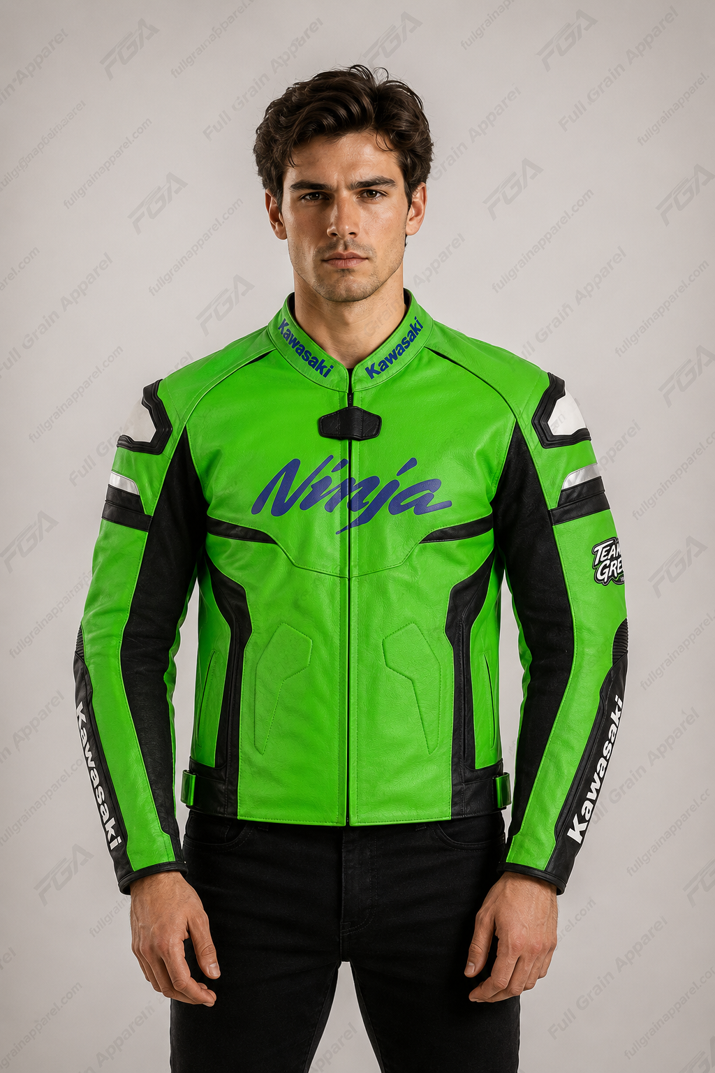 Men's Kawasaki Ninja Green Leather Racing Jacket | FGA