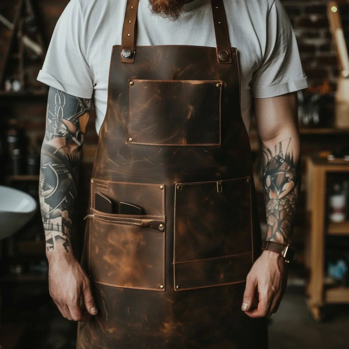 Brown leather barber apron for professional shop use