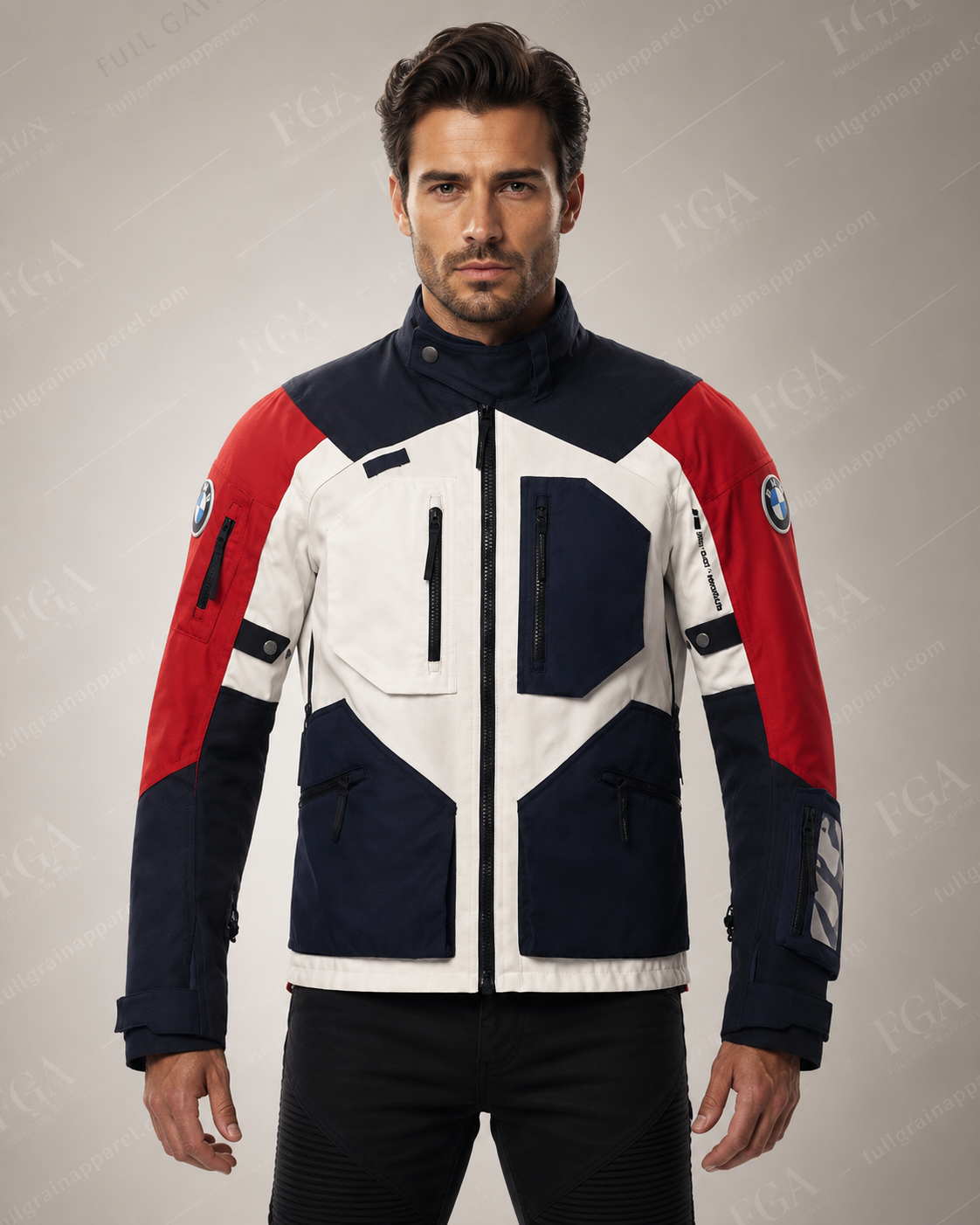 Red white and navy Cordura motorcycle touring jacket independently produced by Full Grain Apparel