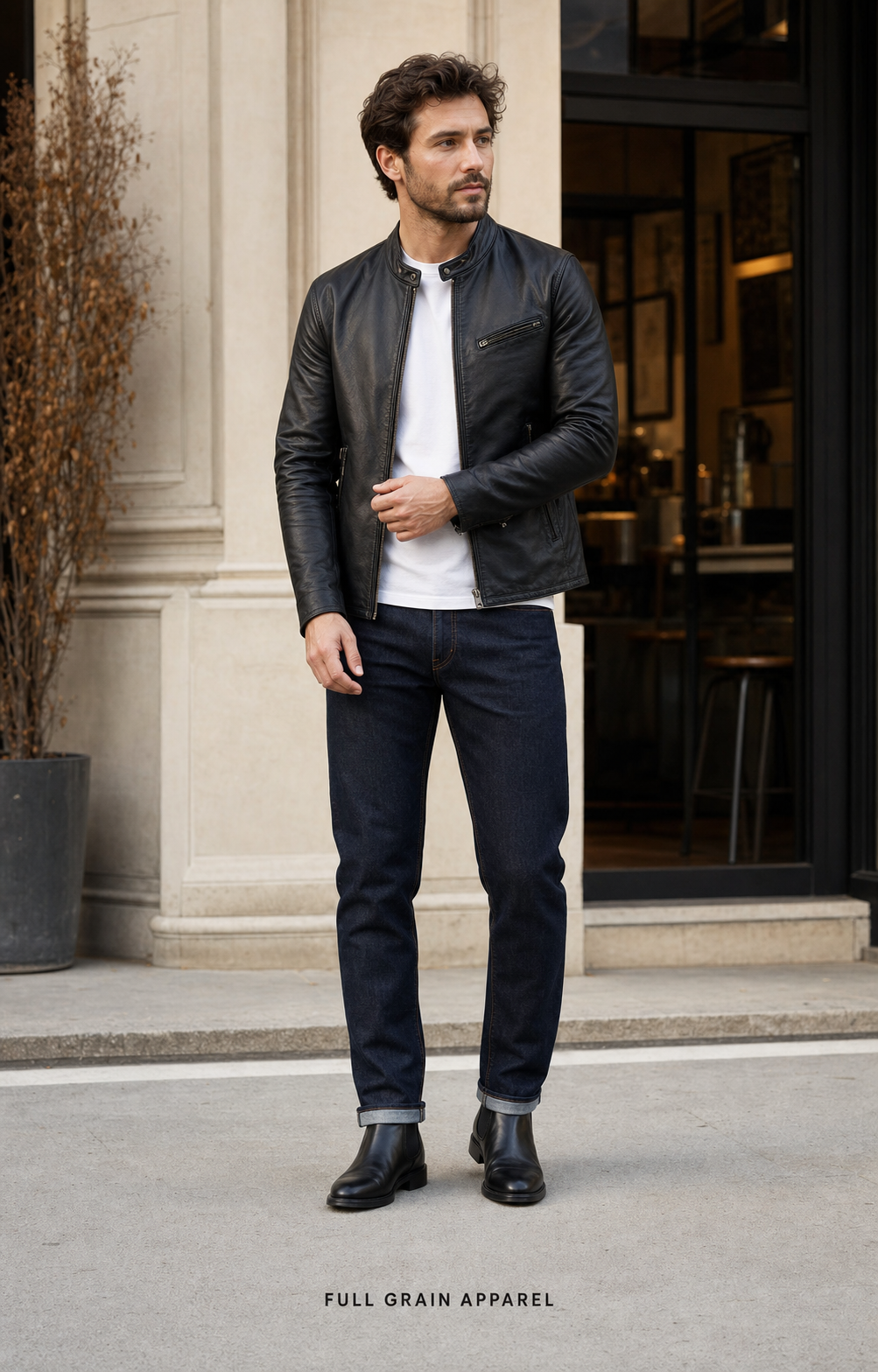 Man wearing a black leather cafe racer jacket with a white T-shirt and dark jeans