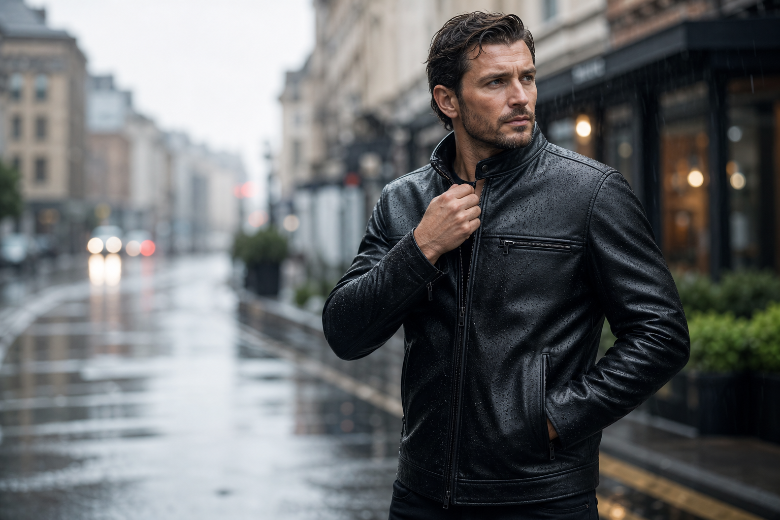 Man wearing a black leather jacket in light rain