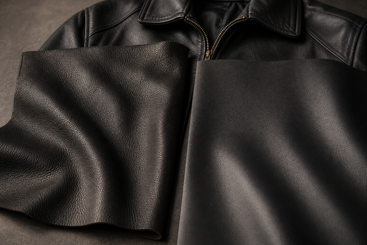 Real leather and faux leather texture comparison for jackets