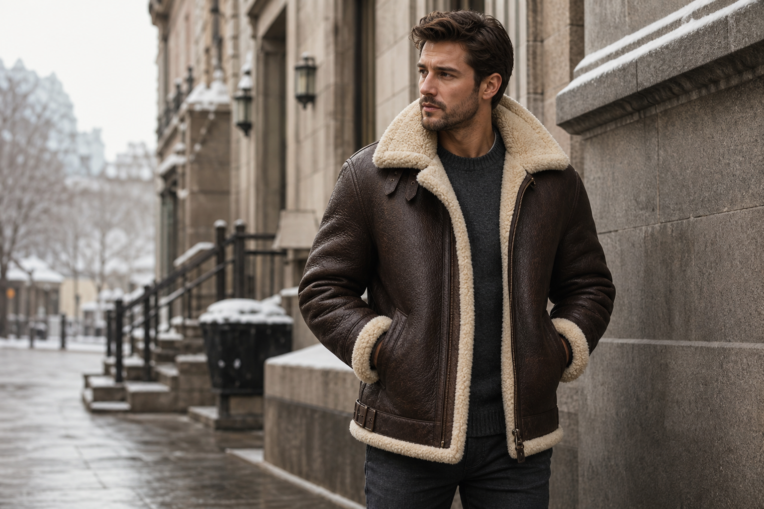 Man wearing a brown leather shearling jacket in winter