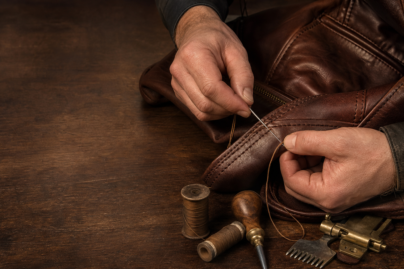 Craftsperson stitching a brown leather jacket seam