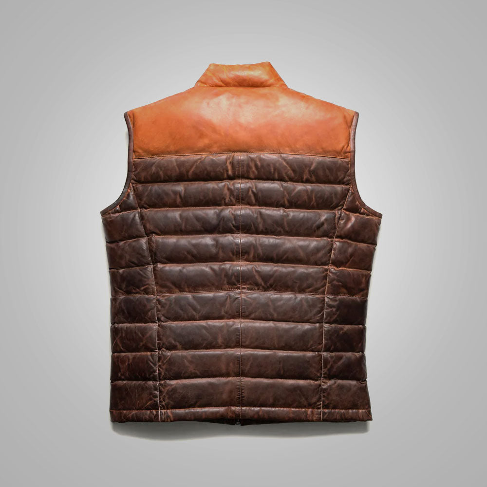 Men’s "Titan-Grit" Bubble Puffer | Premium Espresso Genuine Leather | High-Loft 700-Fill Power Down Vest | Full Grain Apparel