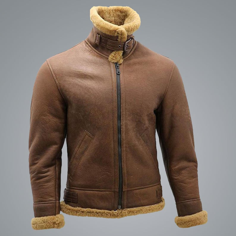 Men’s Brown B3 Shearling Sheepskin WW2 Bomber Aviator Jacket | Full Grain Apparel