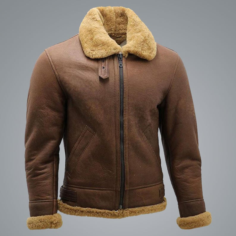 Men’s Brown B3 Shearling Sheepskin WW2 Bomber Aviator Jacket | Full Grain Apparel