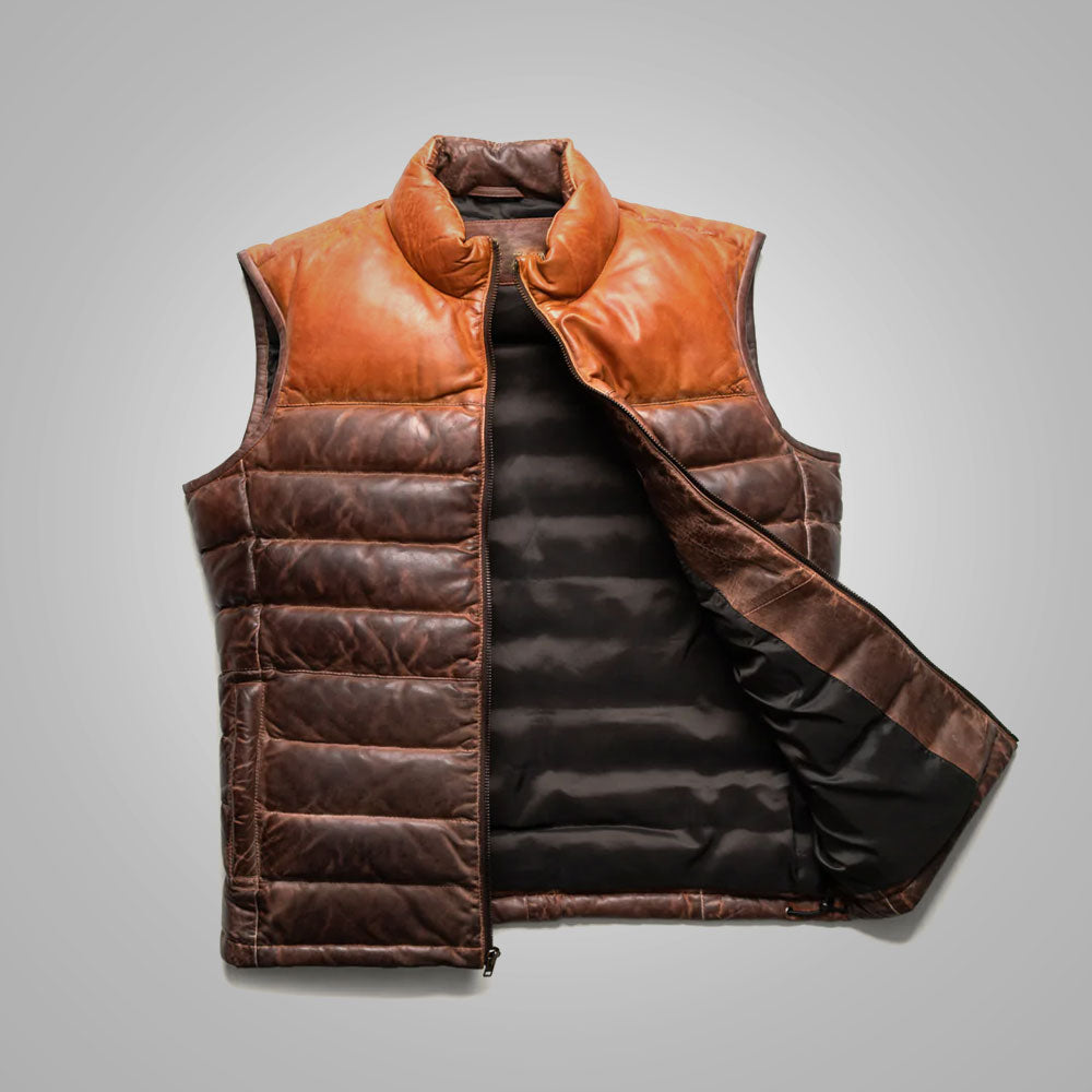 Men’s "Titan-Grit" Bubble Puffer | Premium Espresso Genuine Leather | High-Loft 700-Fill Power Down Vest | Full Grain Apparel
