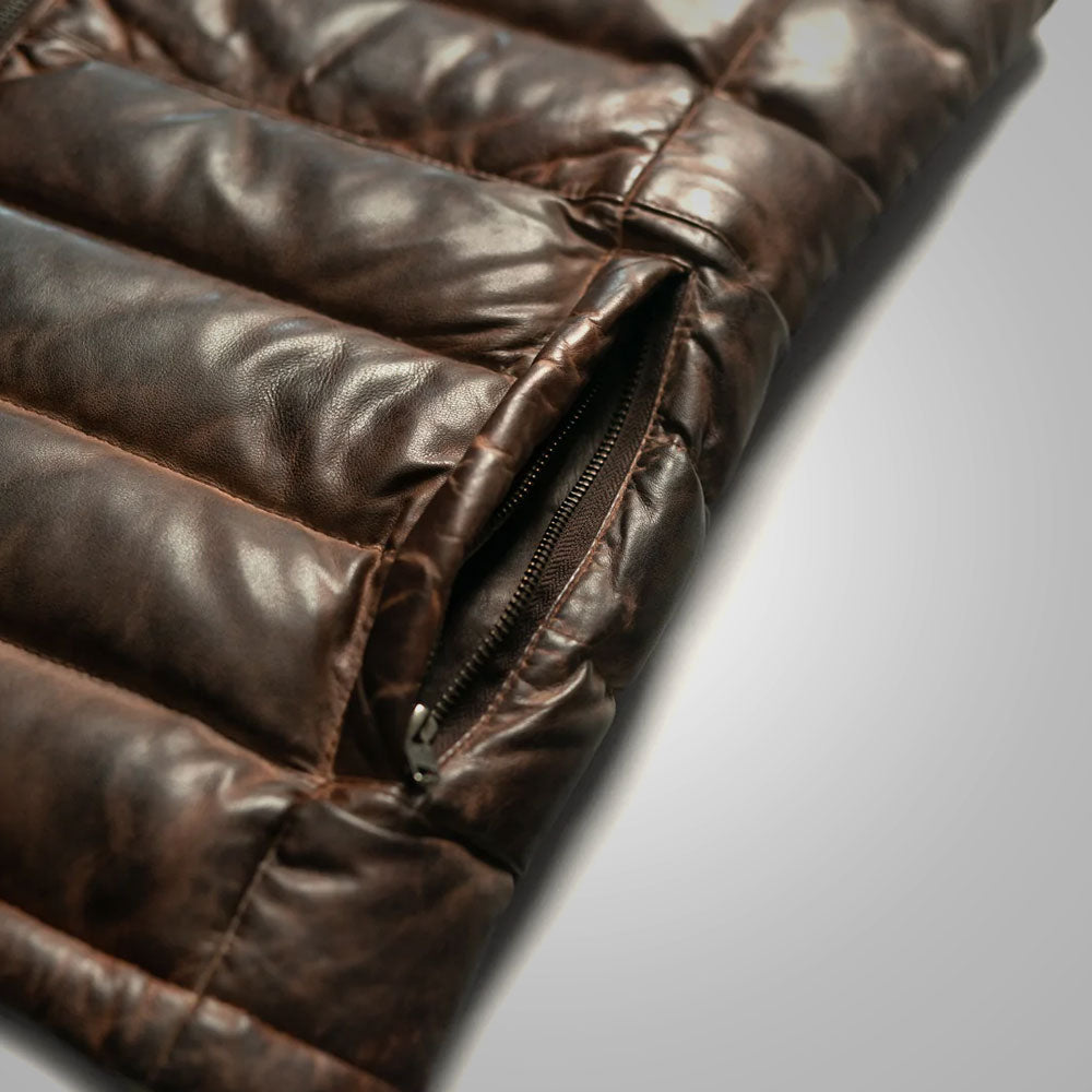 Men’s "Titan-Grit" Bubble Puffer | Premium Espresso Genuine Leather | High-Loft 700-Fill Power Down Vest | Full Grain Apparel