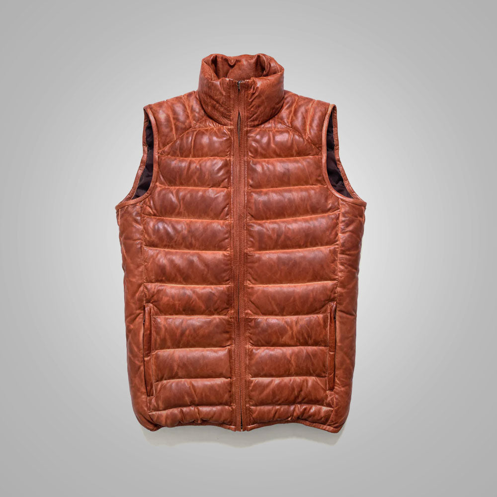 Men’s "Apex Frontier" Hybrid Vest | Premium Brown Bubble Leather | Genuine Shearling Collar & 700-Fill Down Insulation | Full Grain Apparel
