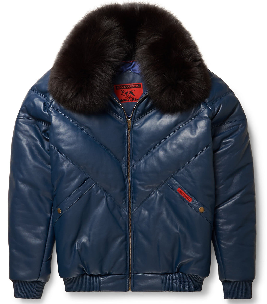 Navy Leather V-Bomber Jacket - Premium Lambskin & Fox Fur | Full Grain Apparel