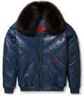 Navy Leather V-Bomber Jacket - Premium Lambskin & Fox Fur | Full Grain Apparel