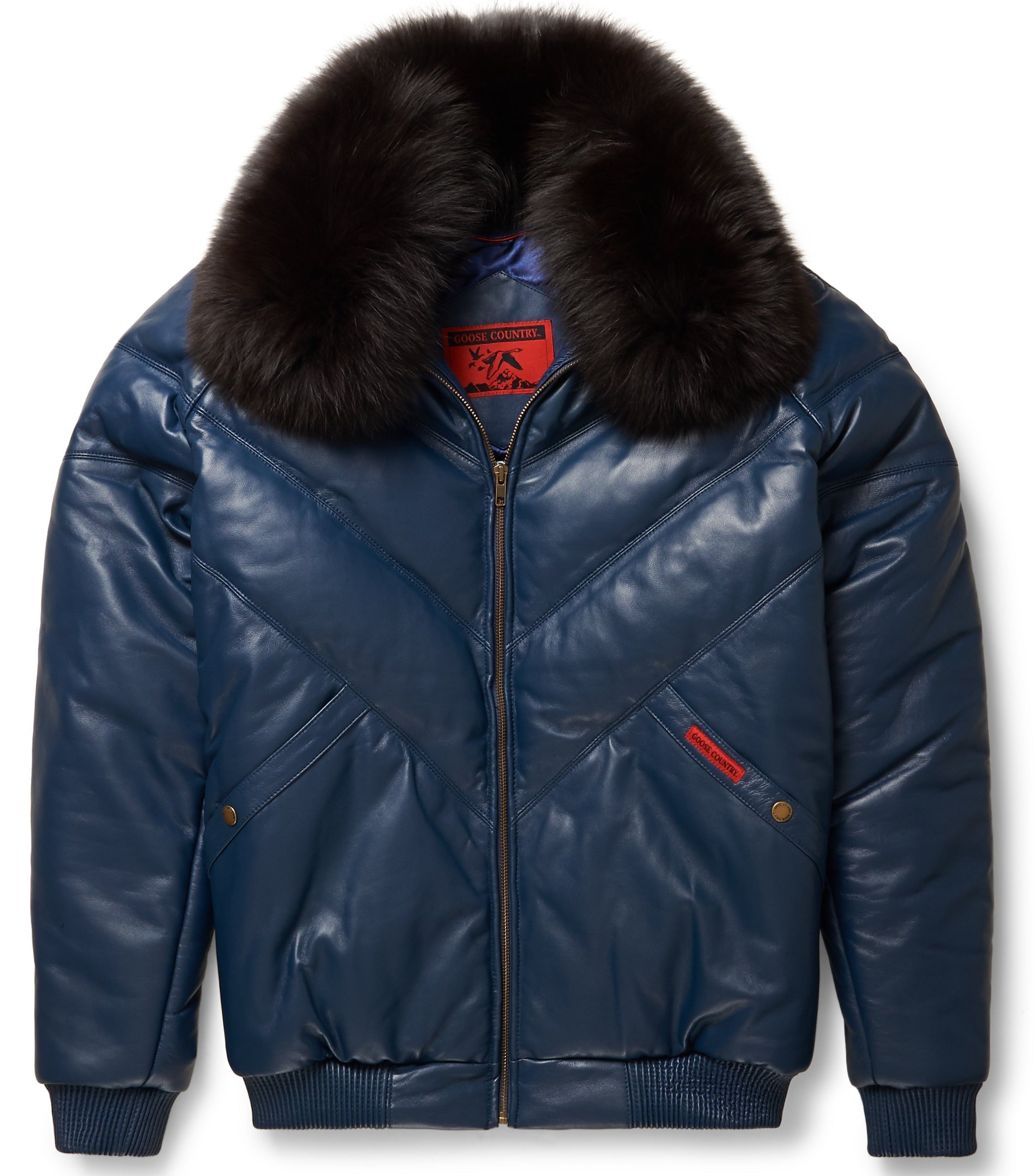 Navy Leather V-Bomber Jacket - Premium Lambskin & Fox Fur | Full Grain Apparel