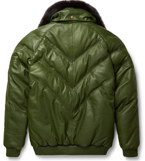 Chaqueta Bomber V de Cuero Oliva para Hombre | Prenda de Piel Plena Flor