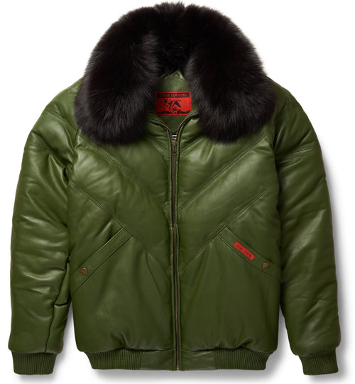 Men's Olive Leather V-Bomber Jacket | Full Grain Apparel