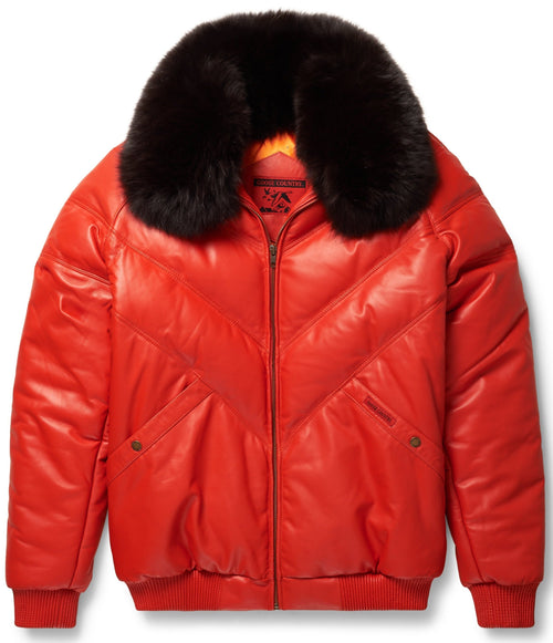 Men's Orange Leather V-Bomber Jacket | Full Grain Apparel