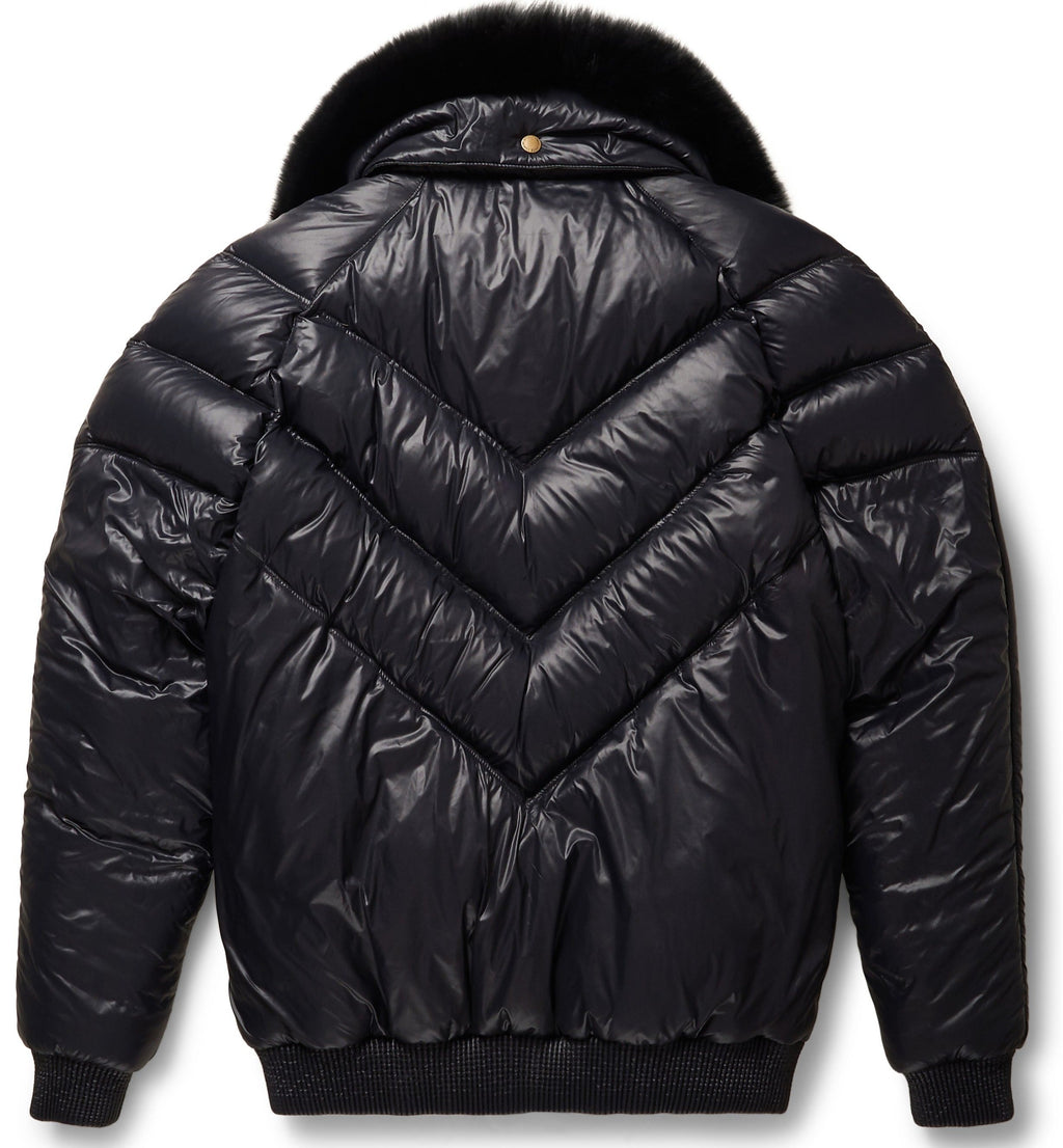 Nylon Black V-Bomber Jacket - Detachable Black Fox Fur | Full Grain Apparel