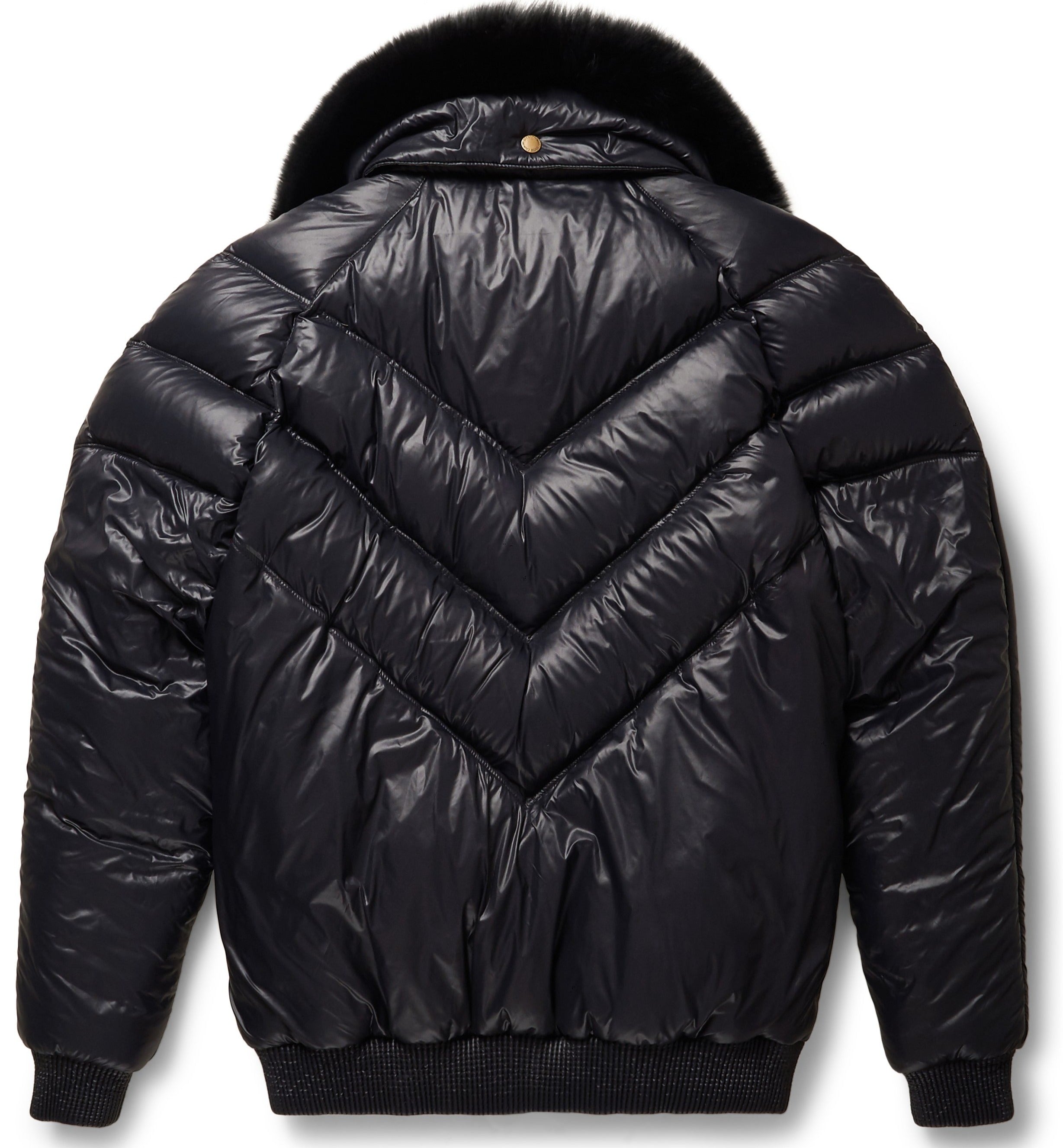 Chaqueta bomber de nailon negro - Piel de zorro negro desmontable | Ropa de piel plena flor