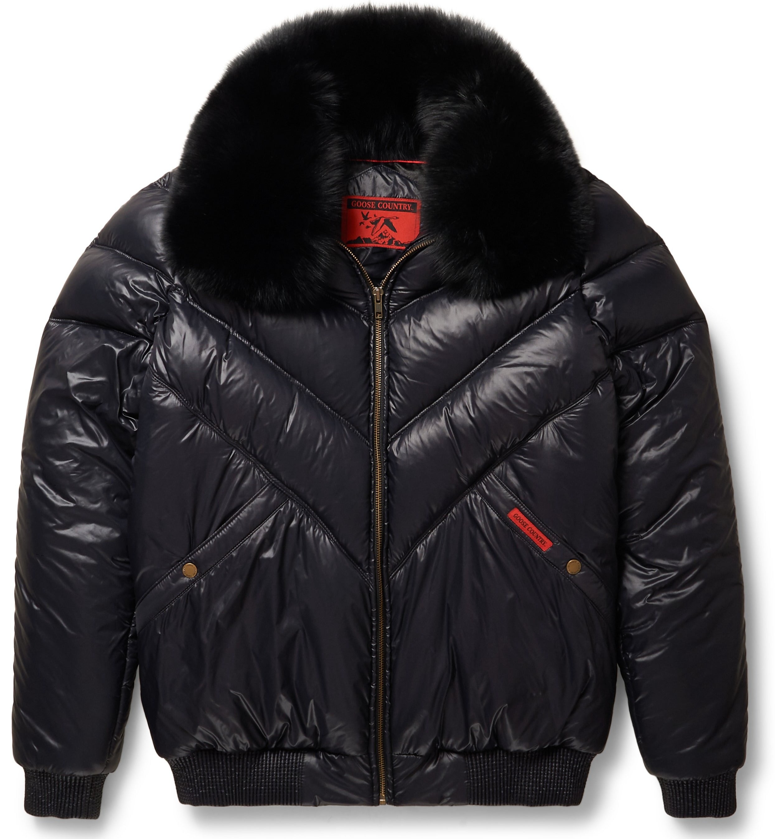Nylon Black V-Bomber Jacket - Detachable Black Fox Fur | Full Grain Apparel