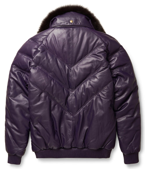 Chaqueta V-Bomber de cuero morado para hombre | Ropa de piel plena flor