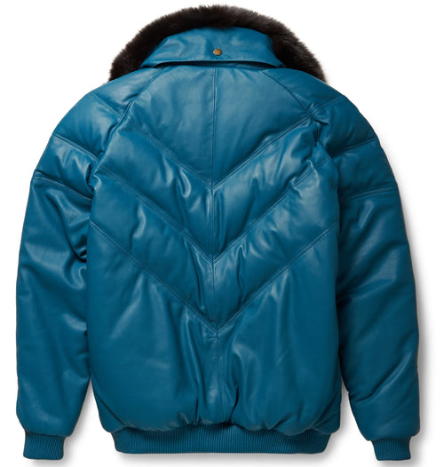 Chaqueta de aviador en V de cuero color verde azulado para hombre | Prenda de cuero de grano completo