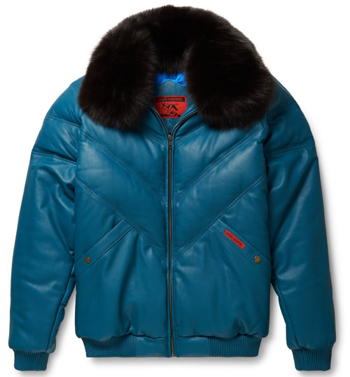 Men's Teal Leather V-Bomber Jacket | Full Grain Apparel