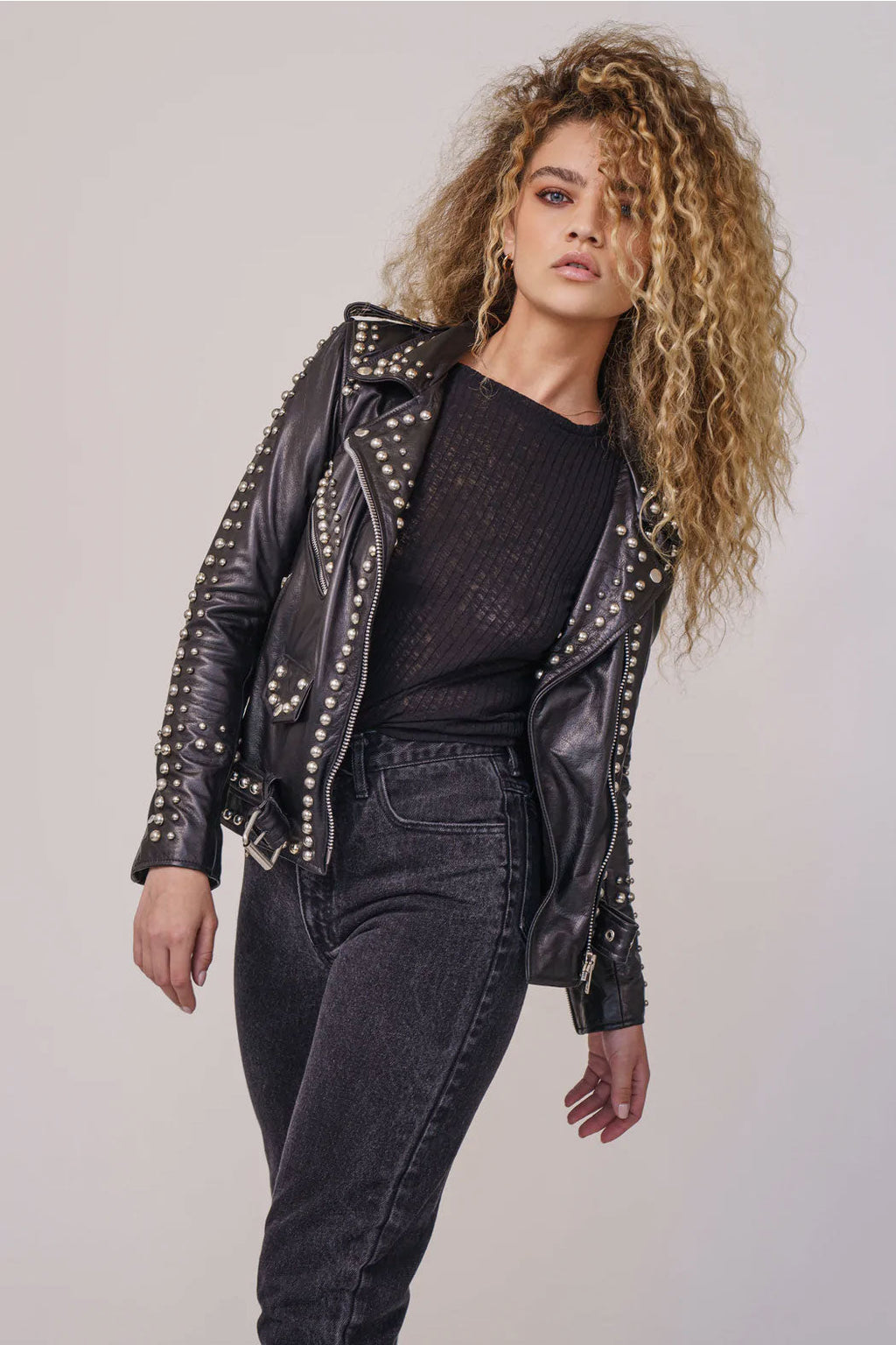 Women’s "Obsidian Blade" Biker Jacket | Premium Black Lambskin | Hand-Set Silver Spikes & Pyramid Studs | Full Grain Apparel