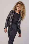 Women’s "Obsidian Blade" Biker Jacket | Premium Black Lambskin | Hand-Set Silver Spikes & Pyramid Studs | Full Grain Apparel