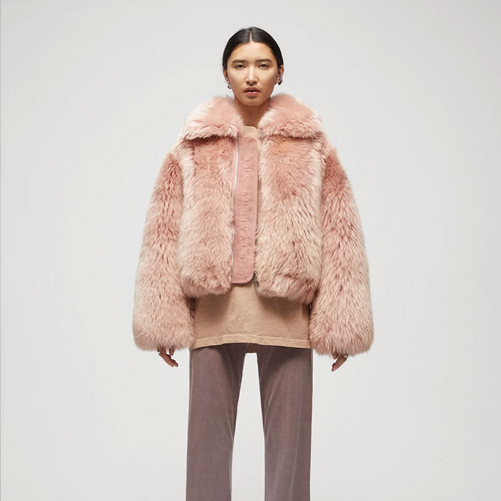 Women’s "Rose Quartz" Luxe Moto | Premium Pink Sheepskin | Genuine Short Leather Jacket with Fox Fur Collar | Full Grain Apparel
