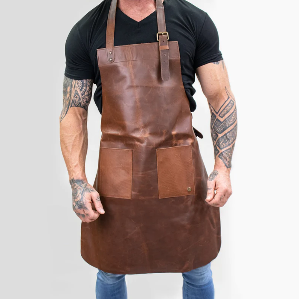 Men’s "Artisan-Duo" Workshop Apron | Heritage Brown Sheepskin | Double-Pocket Professional Leather Utility Apron | Full Grain Apparel