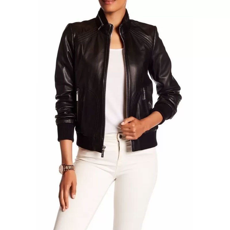 Women’s Genuine Lambskin Black Leather Bomber Jacket - The Luxe Daily Driver | Full Grain Apparel