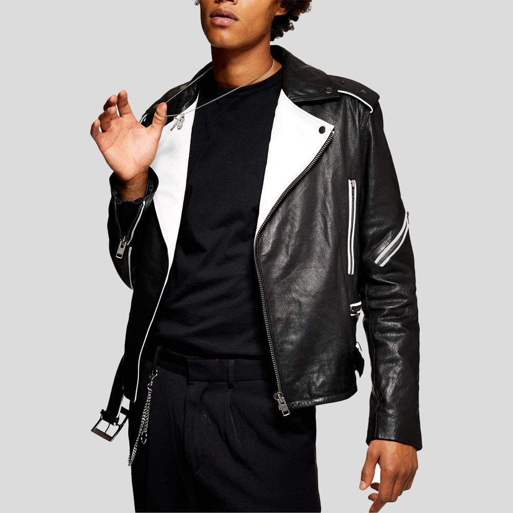 Men’s Colvert Black & White Motorcycle Leather Jacket | Real Sheepskin Racer | Full Grain Apparel