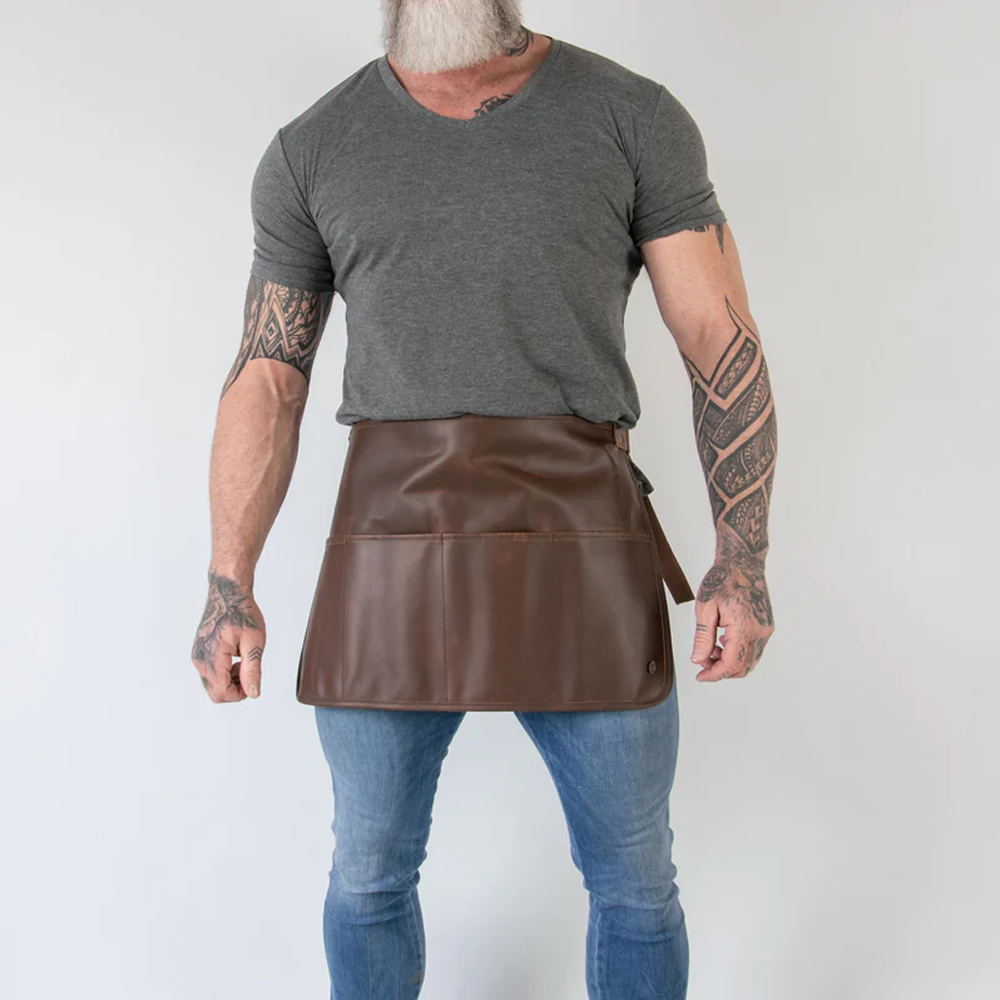 Men’s "Utility-Short" Half Apron | Brown Handmade Sheepskin | Professional 4-Pocket Leather Tool Apron | Full Grain Apparel