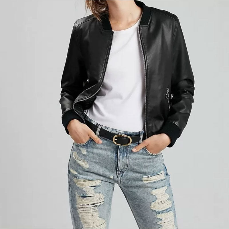 Women’s Classic Pure Lambskin Black Leather Bomber Jacket - The Timeless Essential | Full Grain Apparel