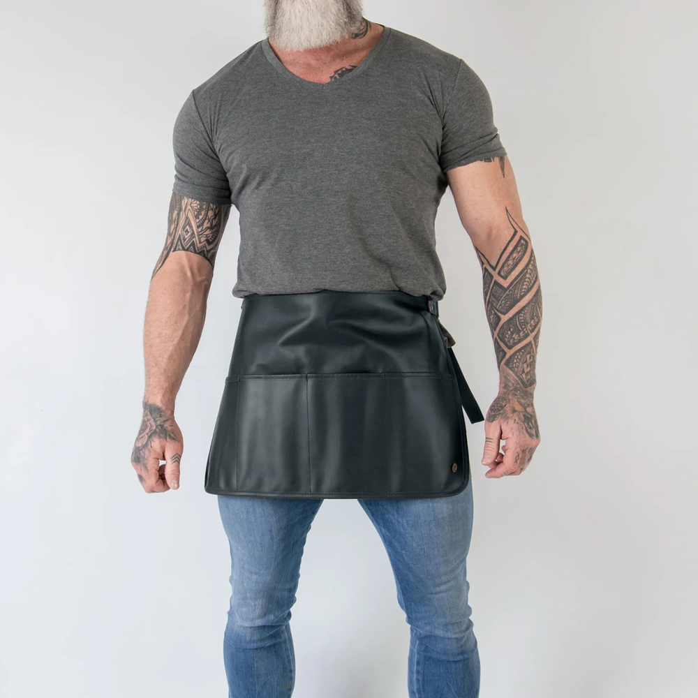 Men’s "Shadow-Quad" Half Apron | Black Handmade Lambskin | Premium 4-Pocket Leather Tool Waist Apron | Full Grain Apparel
