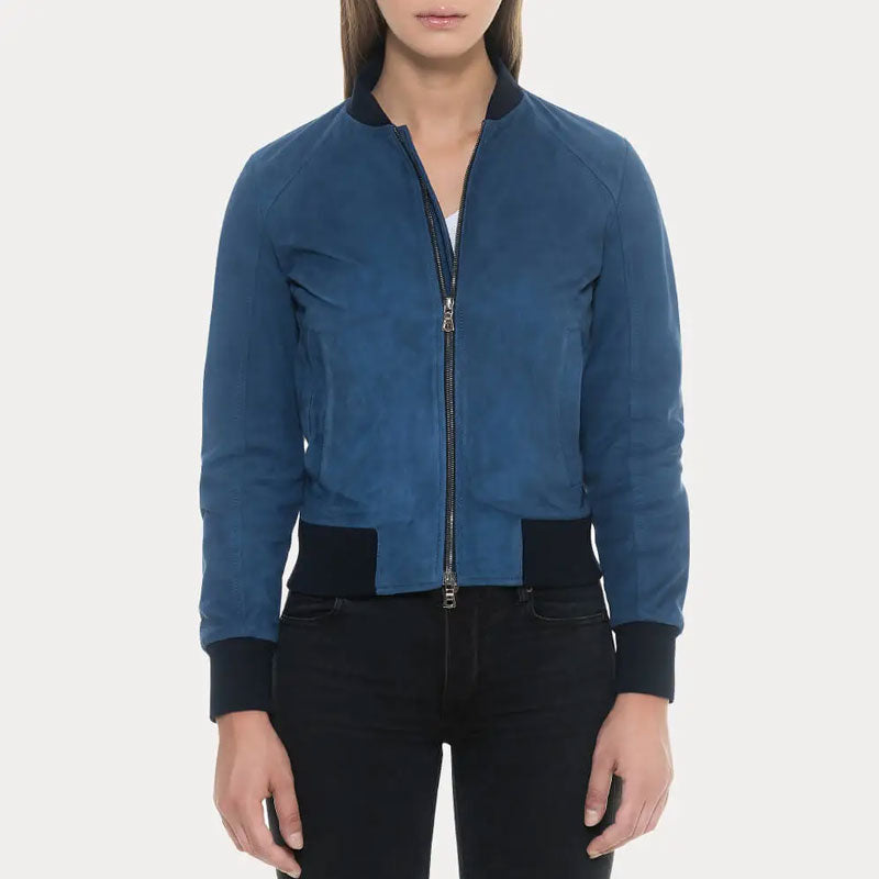 Women’s Blue Suede Bomber Jacket - The Midnight Cobalt Edition | Full Grain Apparel
