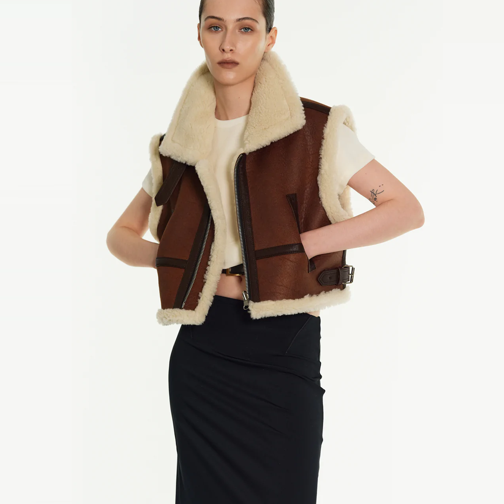 Women’s "Alpine Horizon" B3 Vest | Premium Chestnut Sheepskin | Authentic Shearling Aviator Leather Waistcoat | Full Grain Apparel