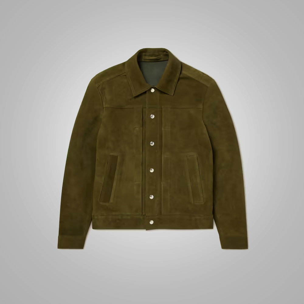 Men’s "Evergreen Heritage" Trucker Jacket | Premium Olive Green Lambskin | Genuine Soft Leather Classic Sport Coat | Full Grain Apparel