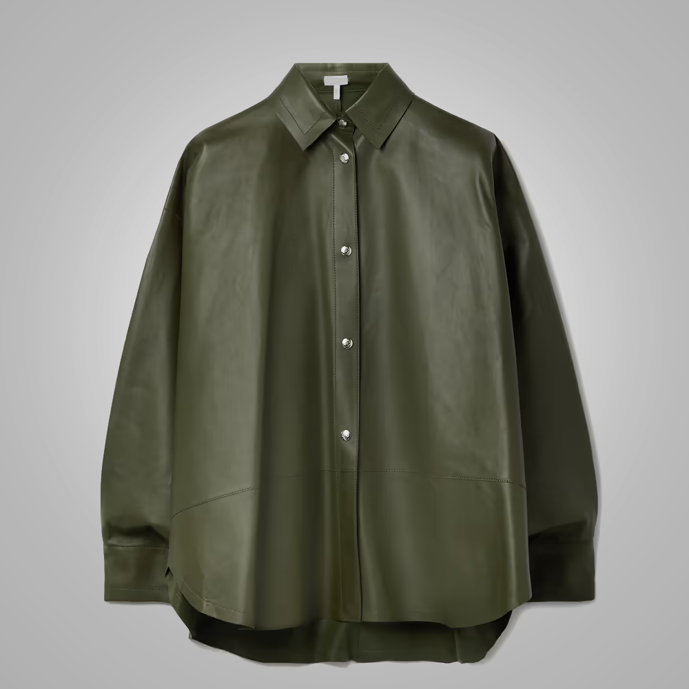 Women’s "Emerald-Smart" Leather Shirt | Premium Forest Green Sheepskin | Structured Collar & Ultra-Soft Tailored Finish | Full Grain Apparel
