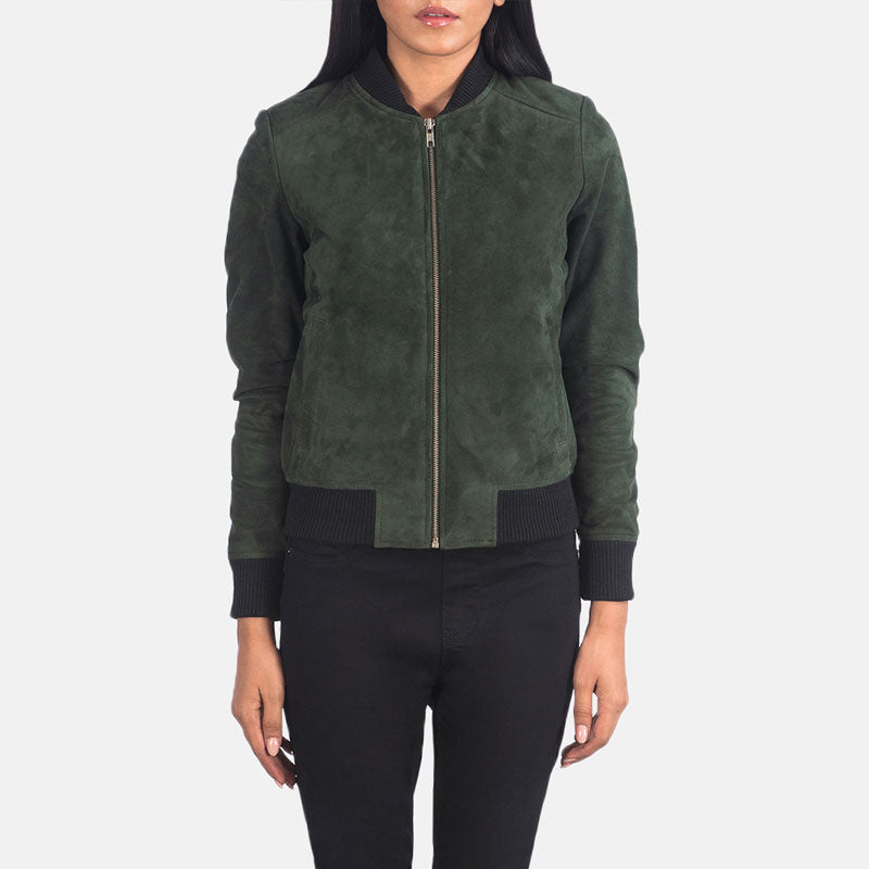 Women’s Bliss Green Suede Bomber Jacket - The Velvet Forest Edition | Full Grain Apparel