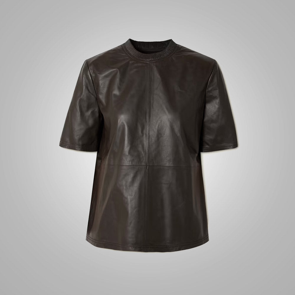 Women’s "Cocoa-Silk" Half-Sleeve Shirt | Premium Chocolate Sheepskin | Smooth Soft-Touch Minimalist Leather Top | Full Grain Apparel