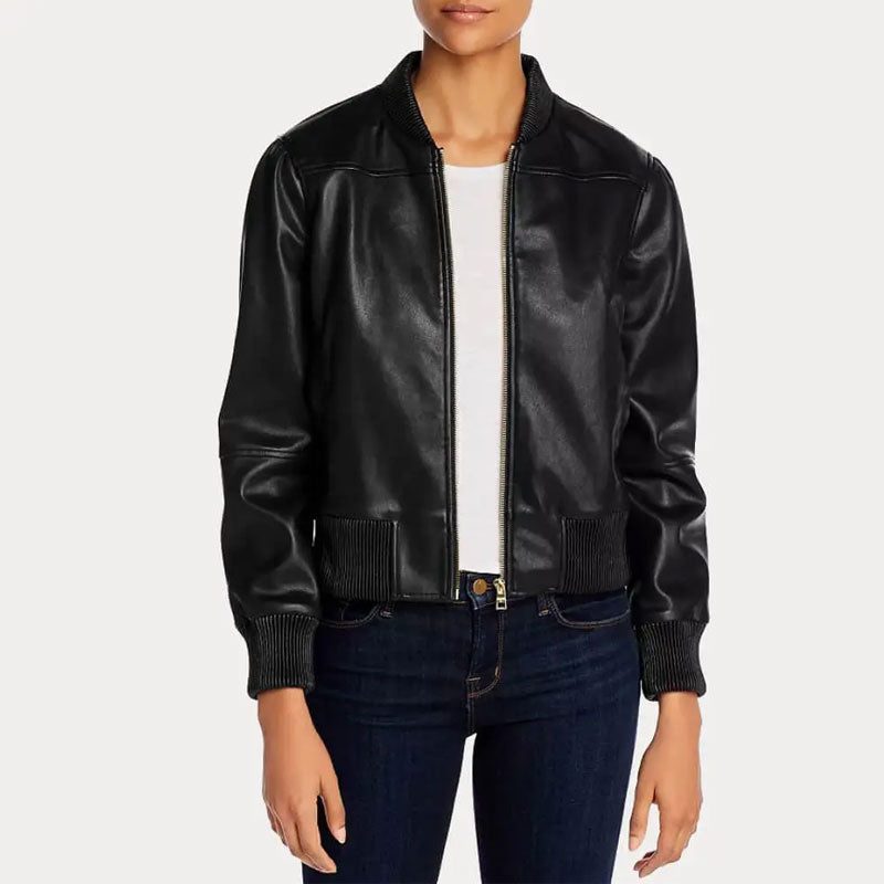 Women’s Faux Black Bomber Leather Jacket - The Essential Urban Aviator | Full Grain Apparel