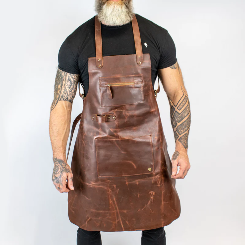 Men’s "Heritage-Lite" Cross-Back Apron | Brown Premium Lambskin | Professional Ergonomic Leather Utility Apron | Full Grain Apparel