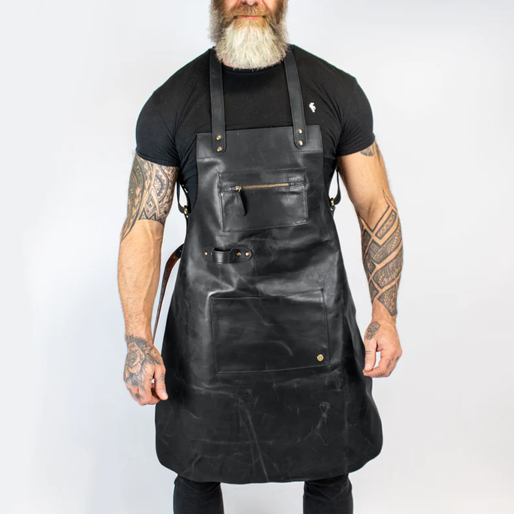 Men’s "Onyx-Lite" Cross-Back Apron | Black Handmade Sheepskin | Premium Ergonomic Leather Utility Apron | Full Grain Apparel