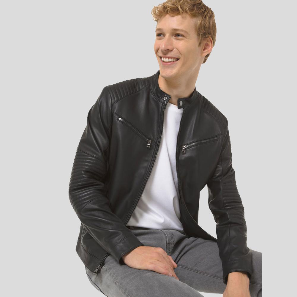 Men’s Claiborn Black Cafe Racer Leather Jacket | Real Sheepskin Slim Fit | Full Grain Apparel