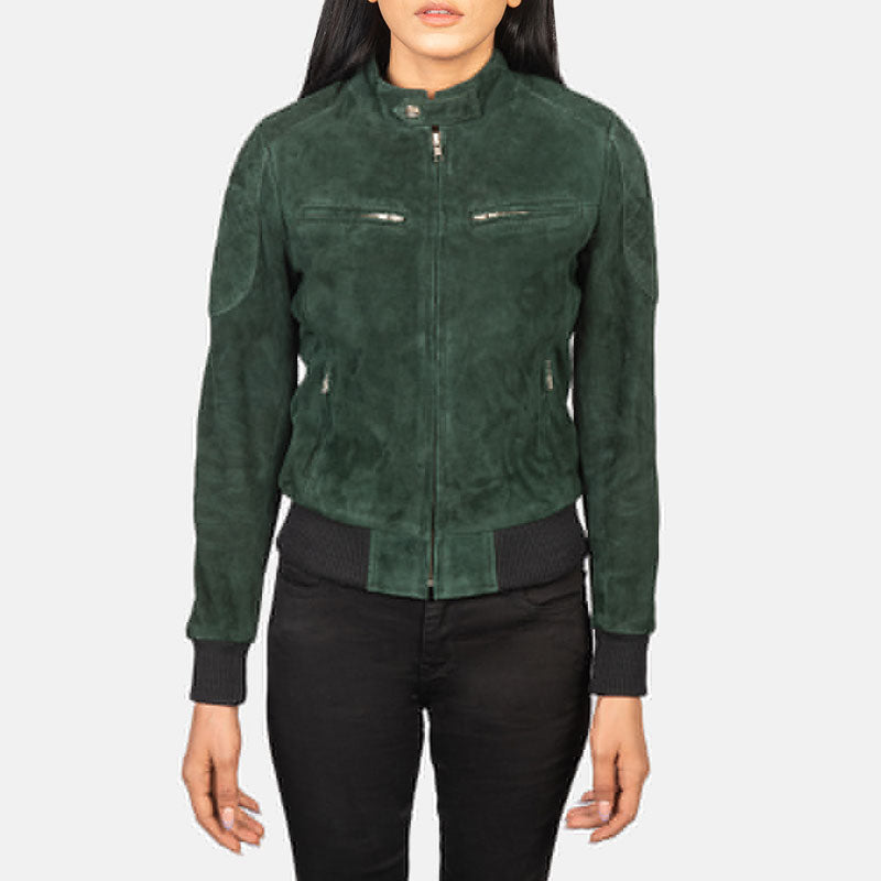 Women’s Zenna Green Suede Bomber Jacket - The Minimalist Forest Edition | Full Grain Apparel