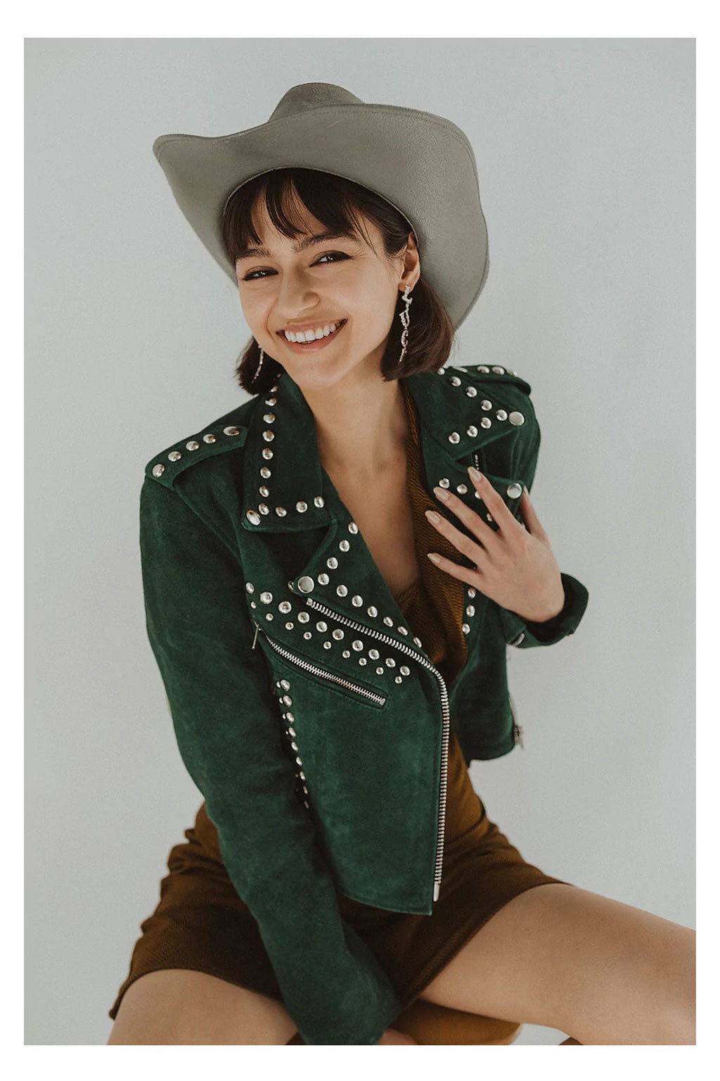 Women’s "Emerald Anarchy" Moto Jacket | Premium Forest Green Lambskin | Hand-Set Silver Spikes & Studs | Full Grain Apparel