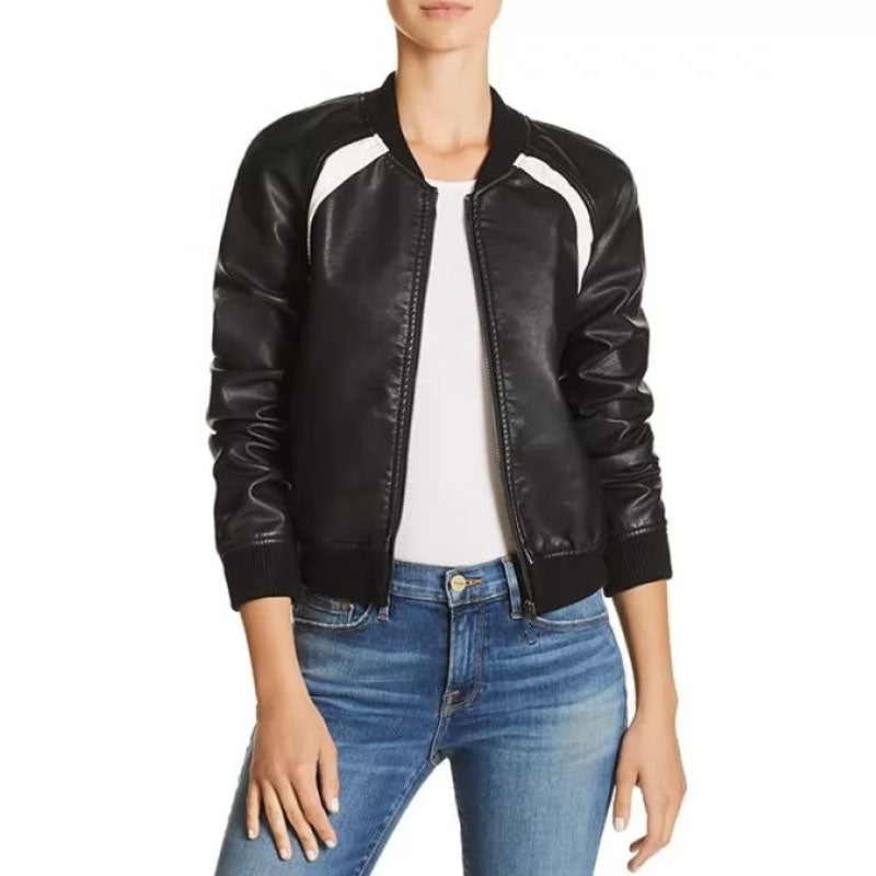 Women’s Casual Baseball Collar Black Leather Bomber Jacket - The Varsity Essential | Full Grain Apparel