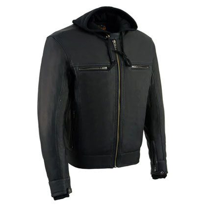 Men’s Black Leather ‘Utility Pocket’ Vented Jacket | Removable Hoodie Outwear | Full Grain Apparel
