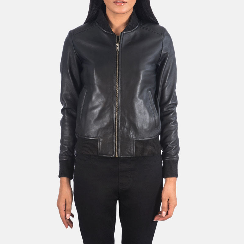 Women’s Bliss Black Leather Bomber Jacket - The Pure Serenity Edition | Full Grain Apparel